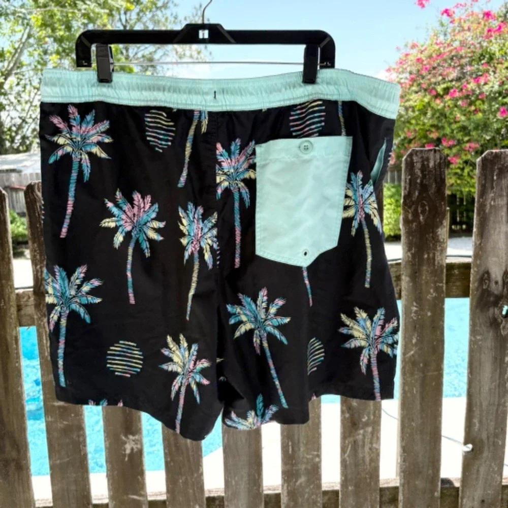 Original Use Swim Trunks Palm Tree Print, Mens XL‎ Black/Mint